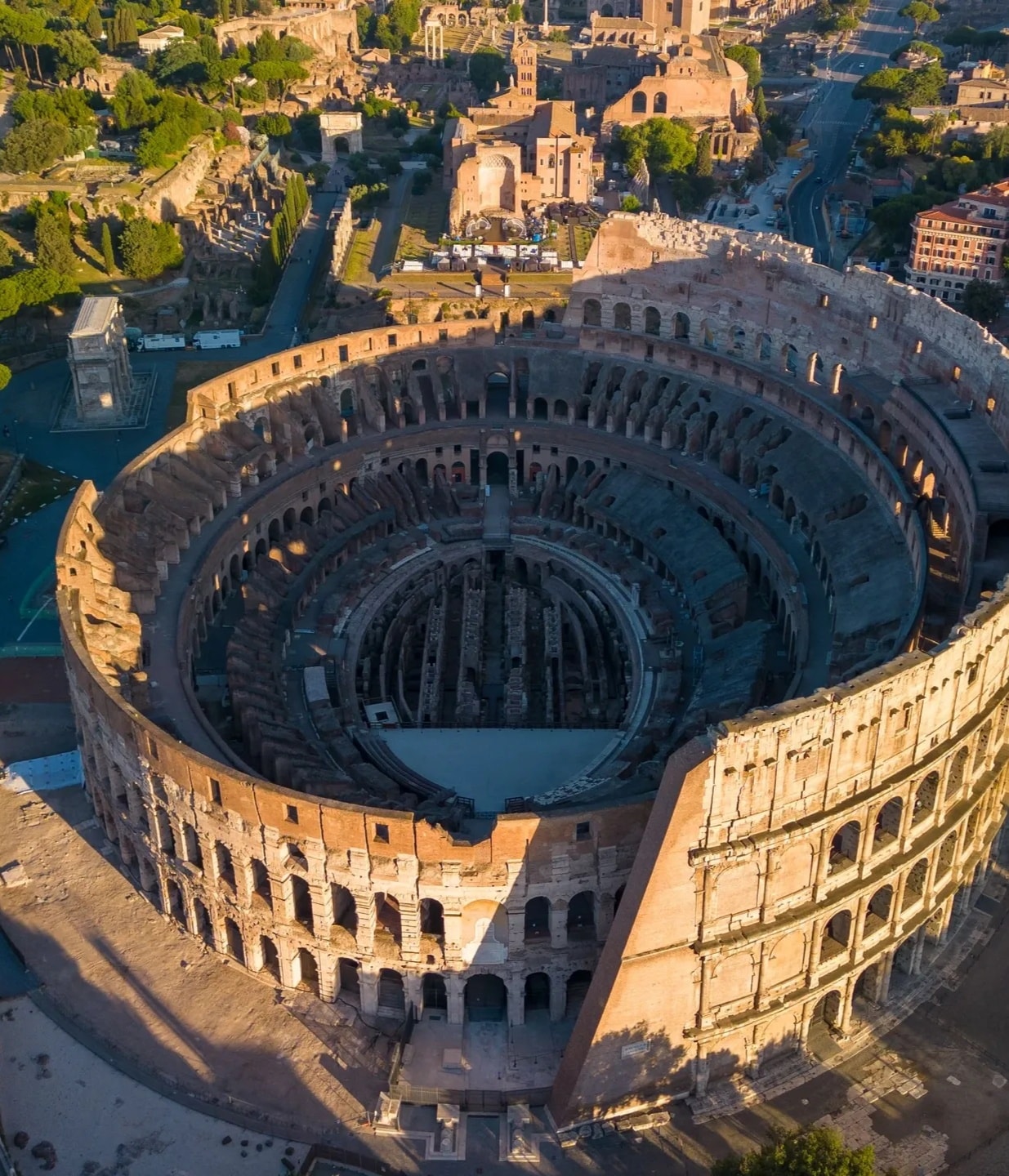 Rome Colosseum aerial golden hour Italy ancient